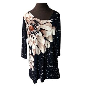 Clara Sun Woo Graphic Floral Navy Cream Tunic Medium Made in USA